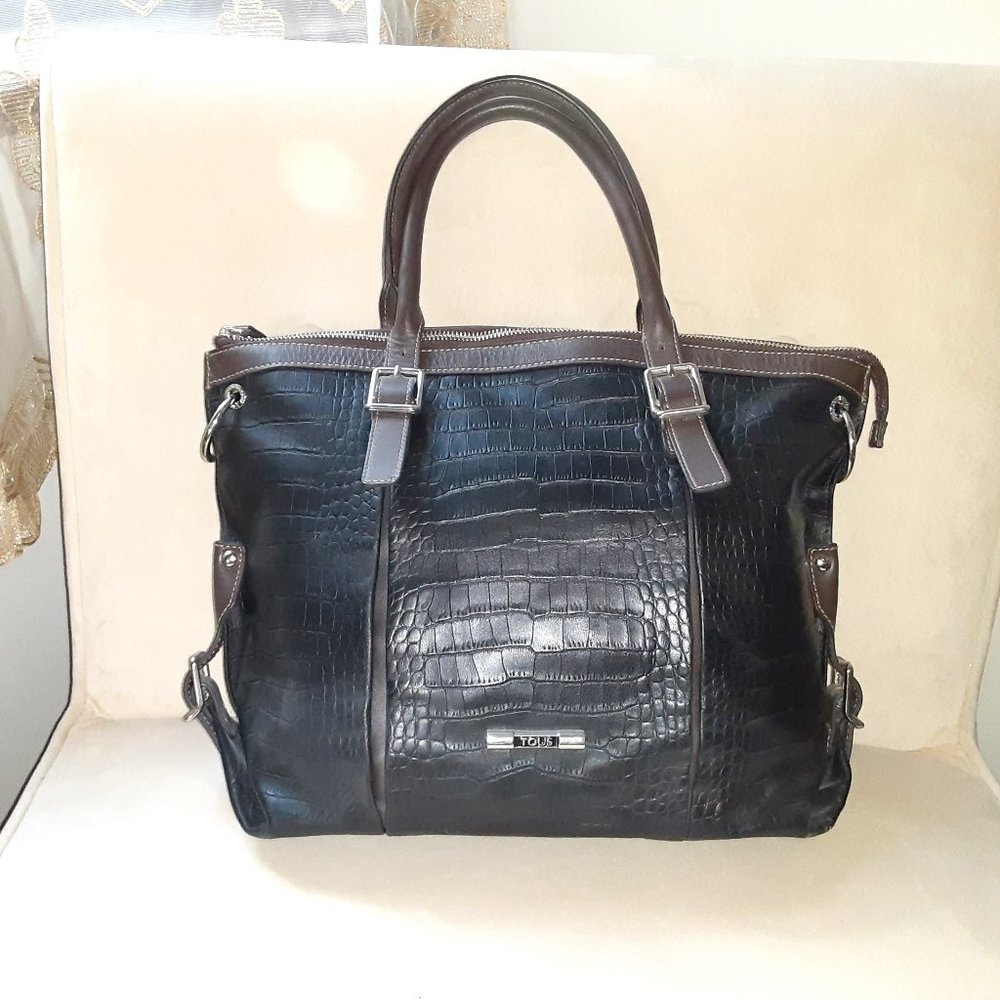 Tous black and brown alligator print leather tote shoulder bag
